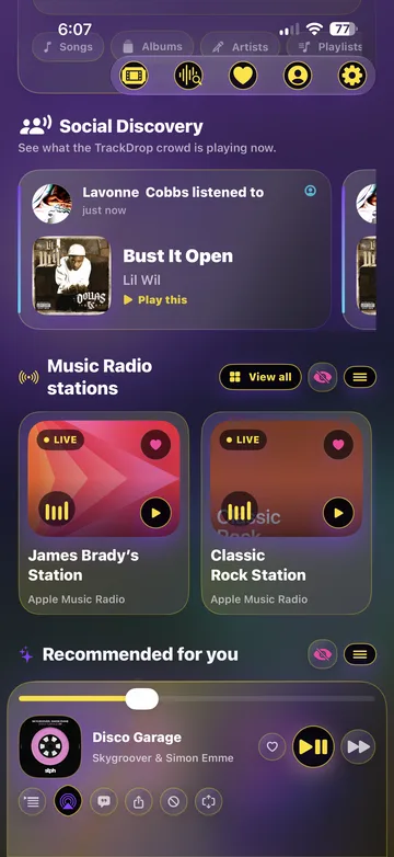 TrackDrop app screen showing music and social activity